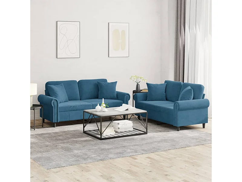 Set di Divani 2 pz con Cuscini Blu in Velluto