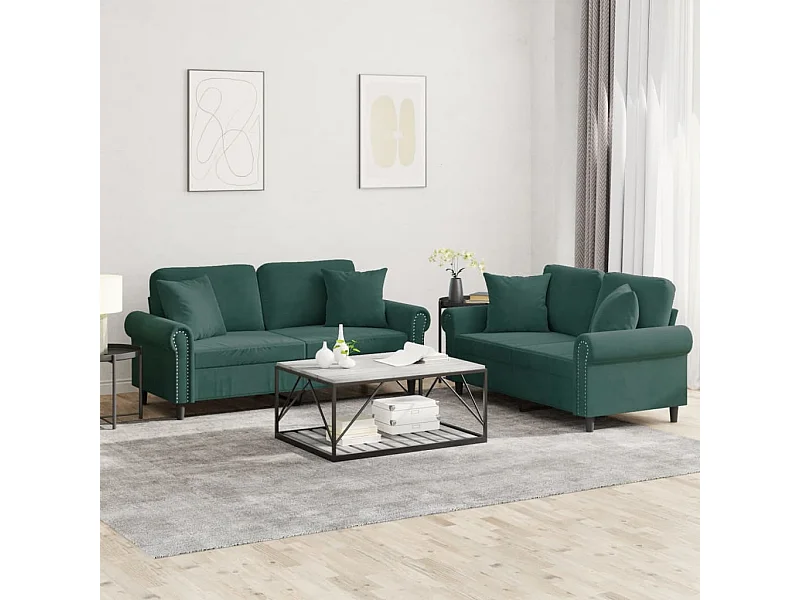 Ensemble de canapés 2 pcs avec coussins vert foncé velours