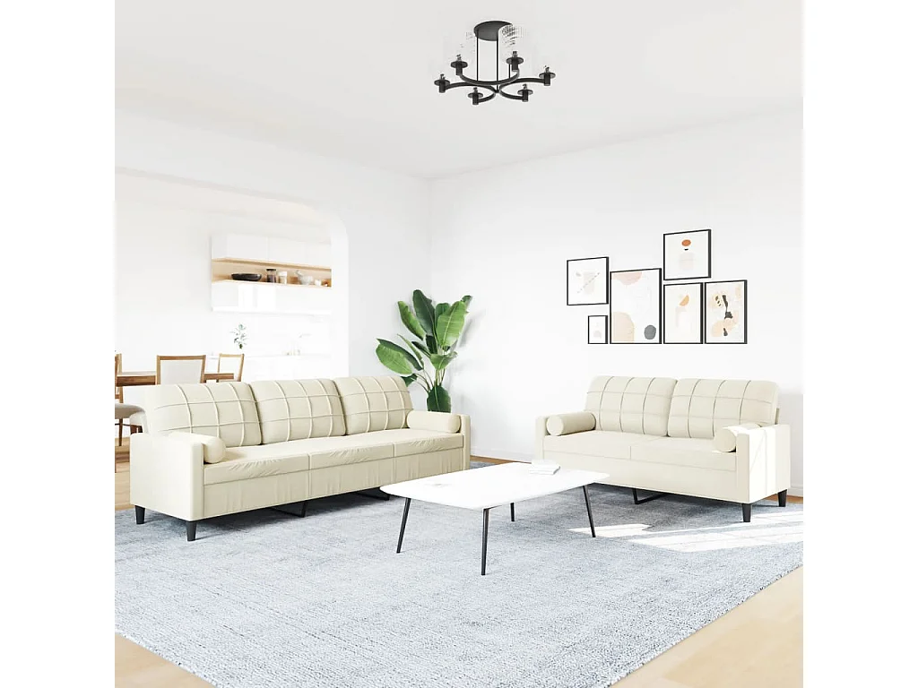 2-tlg. Sofagarnitur mit Kissen und Nackenrollen Creme Samt