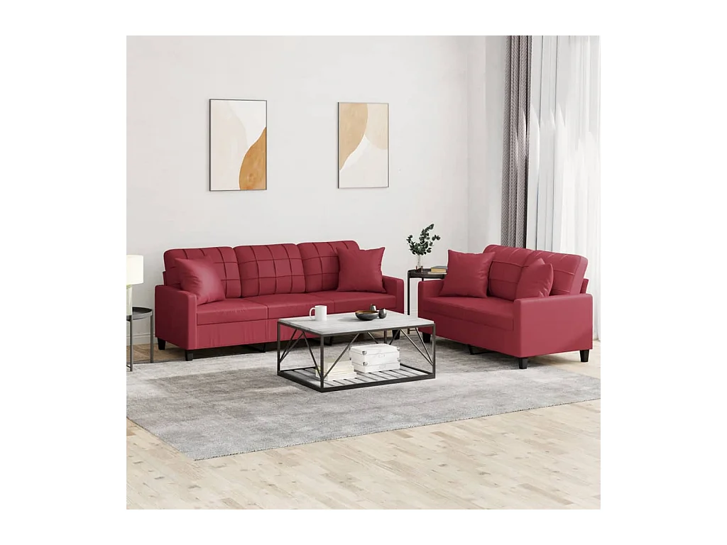 Set di Divani 2 pz con Cuscini Rosso Vino in Similpelle