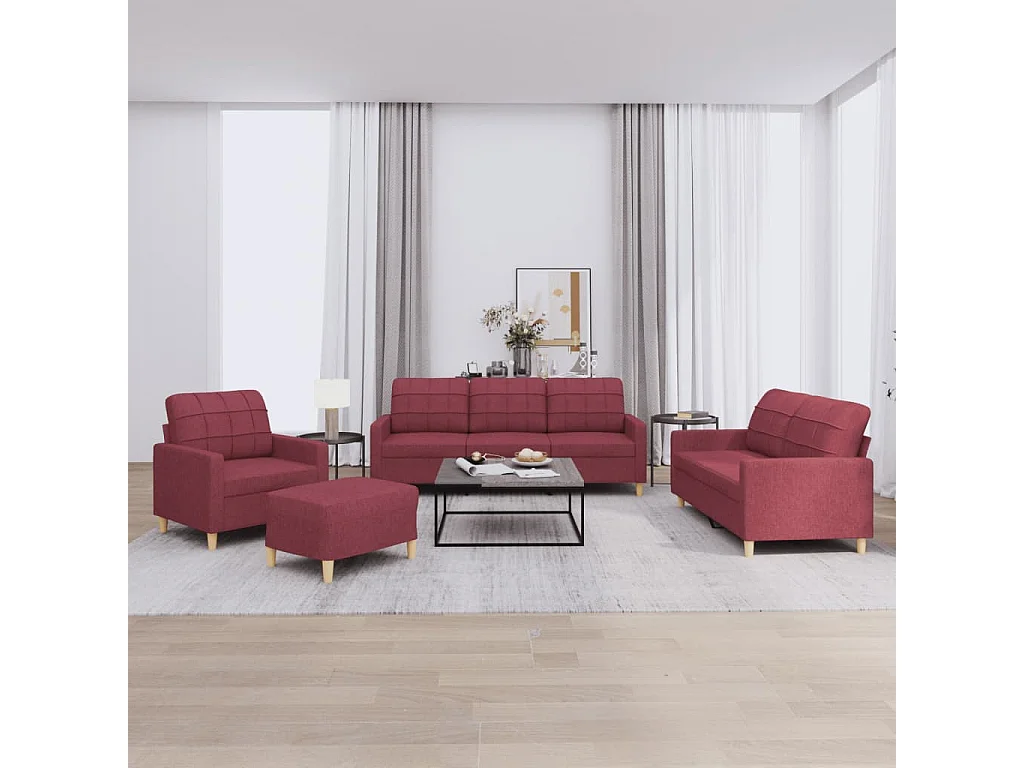 4 pcs conjunto de sofás com almofadões tecido vermelho tinto