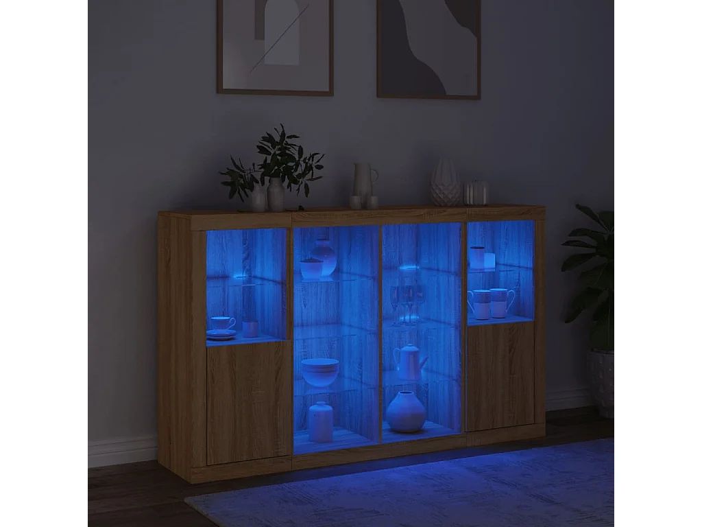 Aparador con luz LED 3 piezas madera de ingeniería roble sonoma