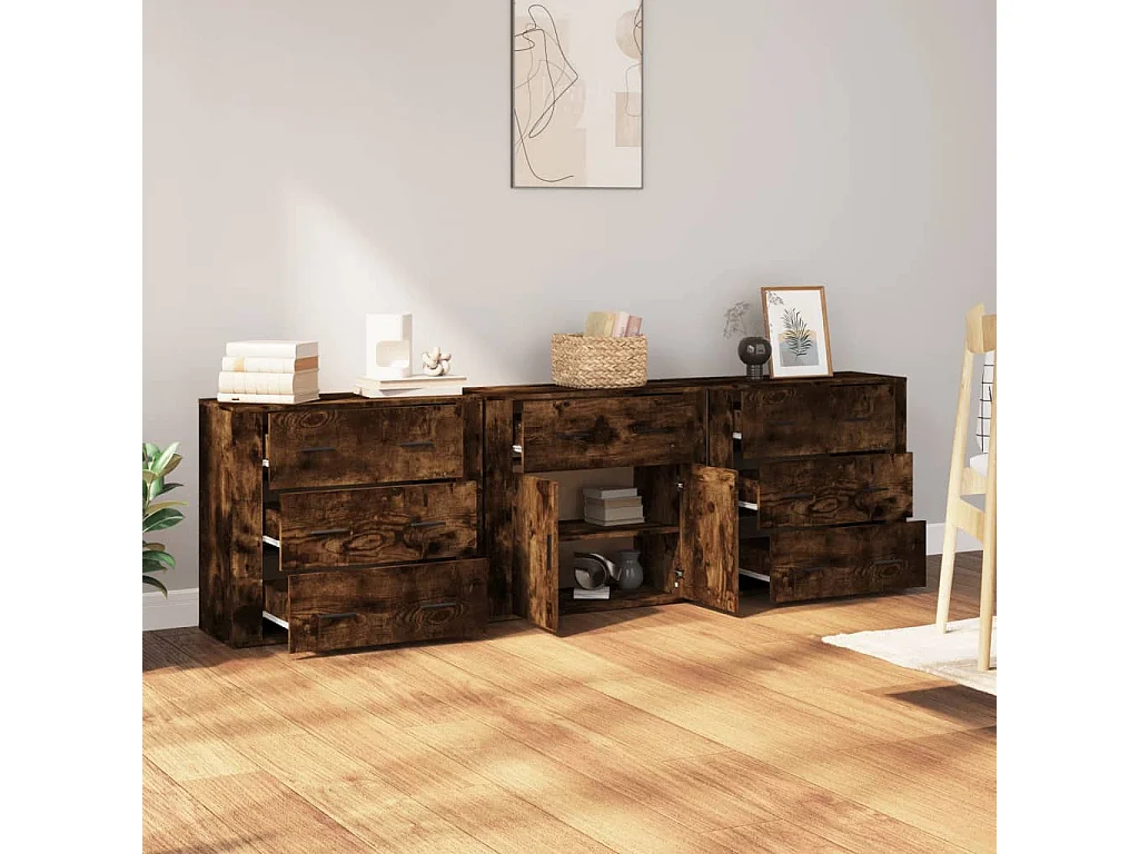 Credenze 3 pz Rovere Fumo in Legno Multistrato