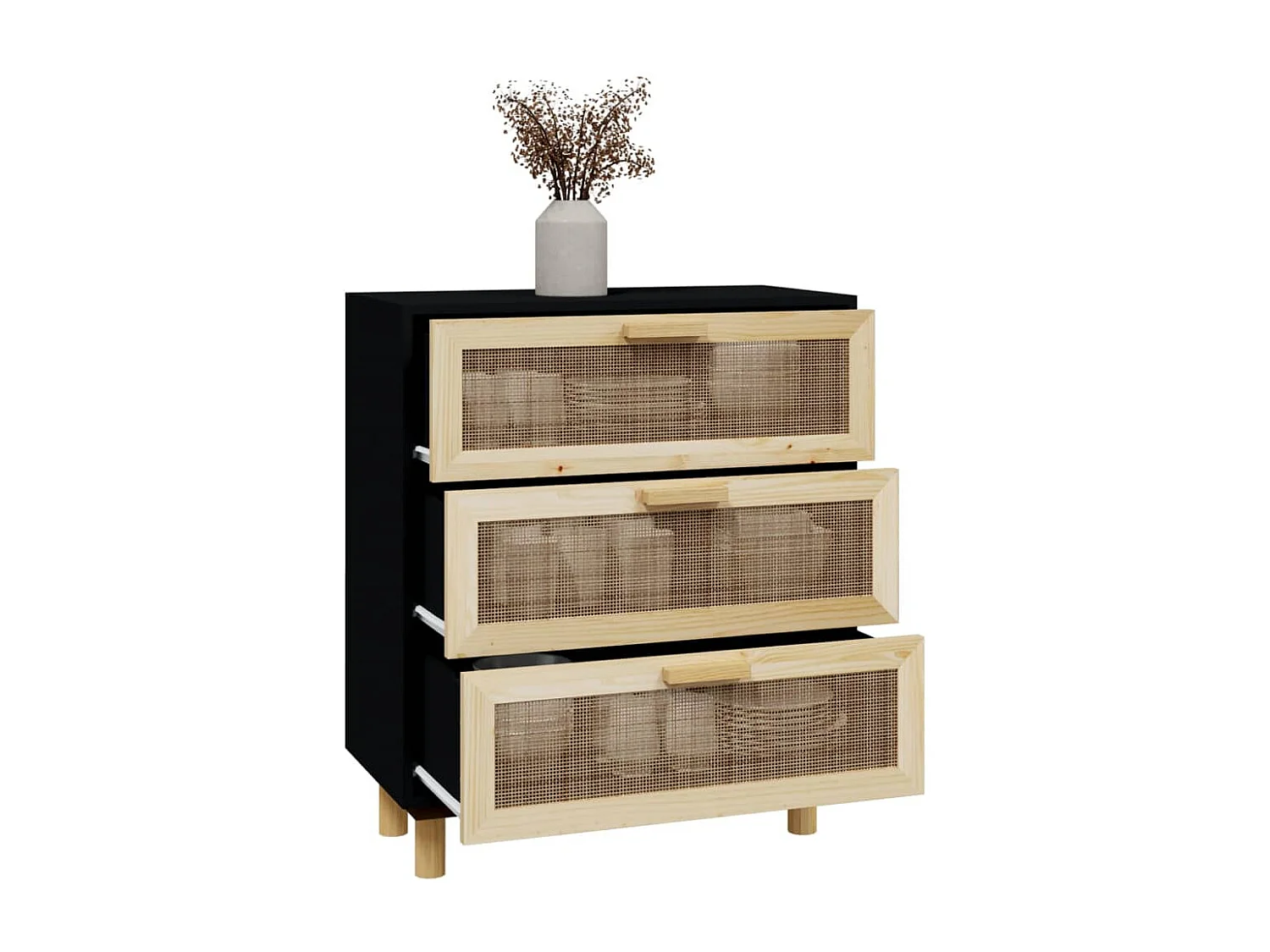Aparador 60x30x70 cm pinho maciço/vime natural preto