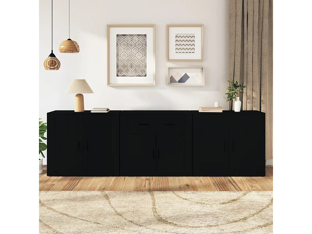 Buffets 3 pcs noir bois d'ingénierie