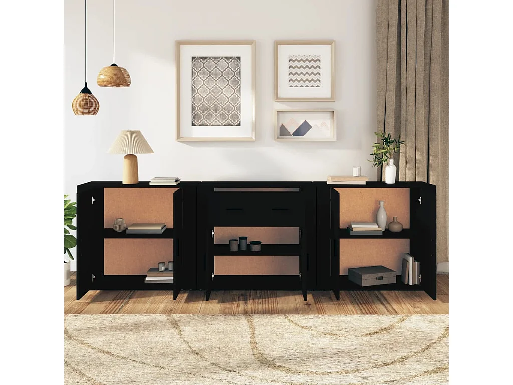 Buffets 3 pcs noir bois d'ingénierie