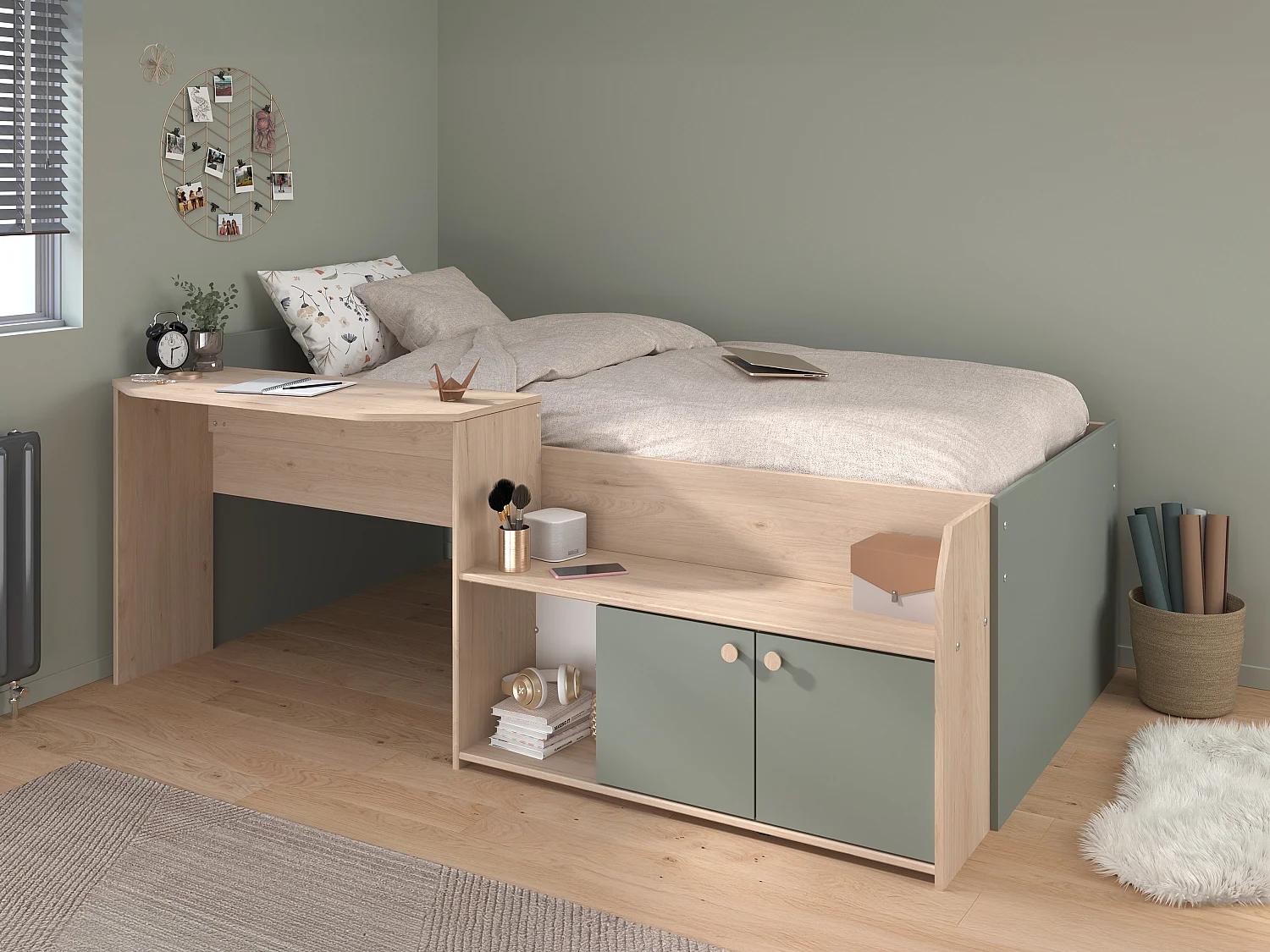 Gecombineerd bed 90 x 190/200 cm - Kleur: naturel en groen - MIVONA