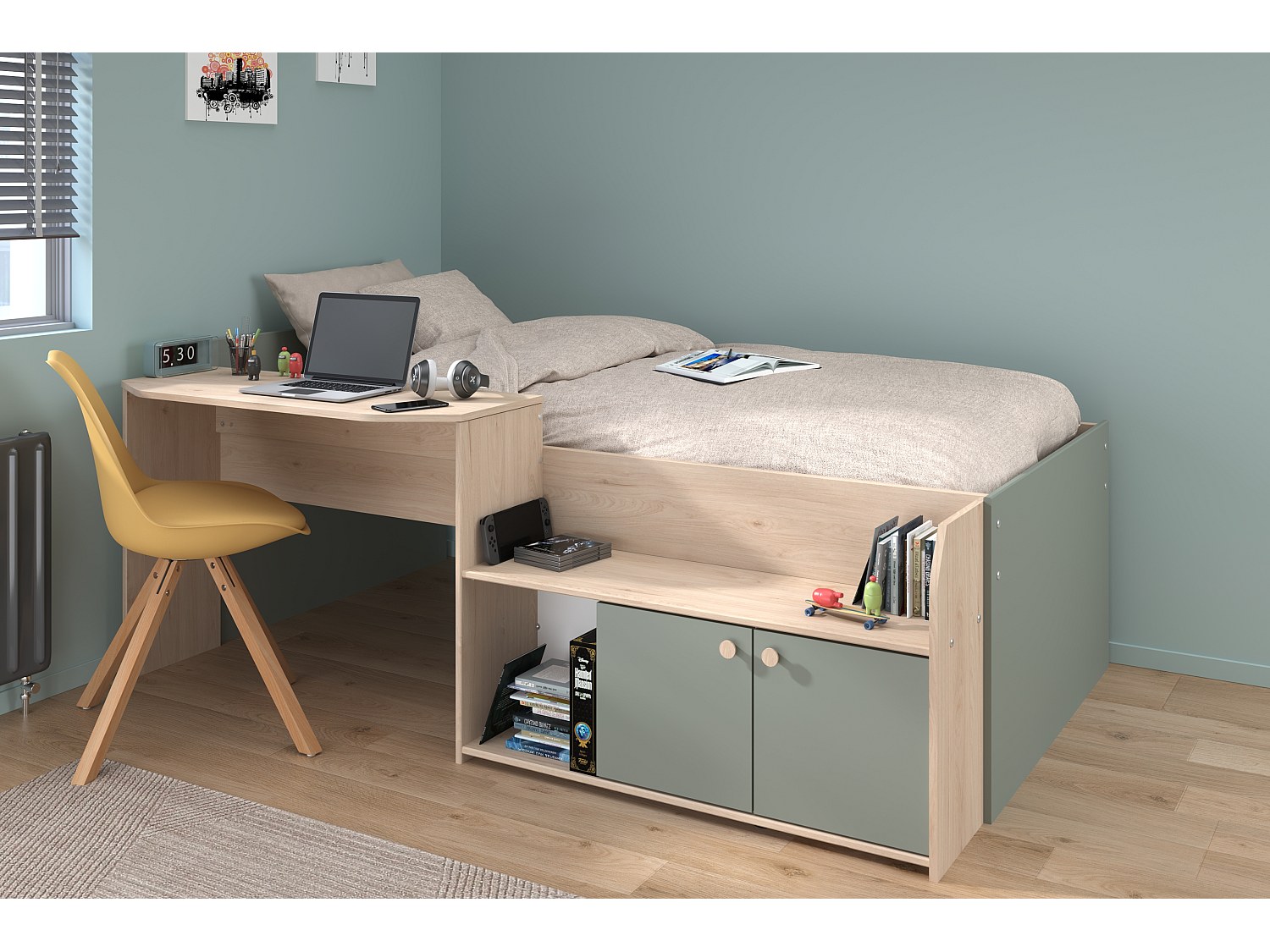 Vente-unique Kombibett - 90 X 190/200 Cm - Holzfarben & Grün - Mivona