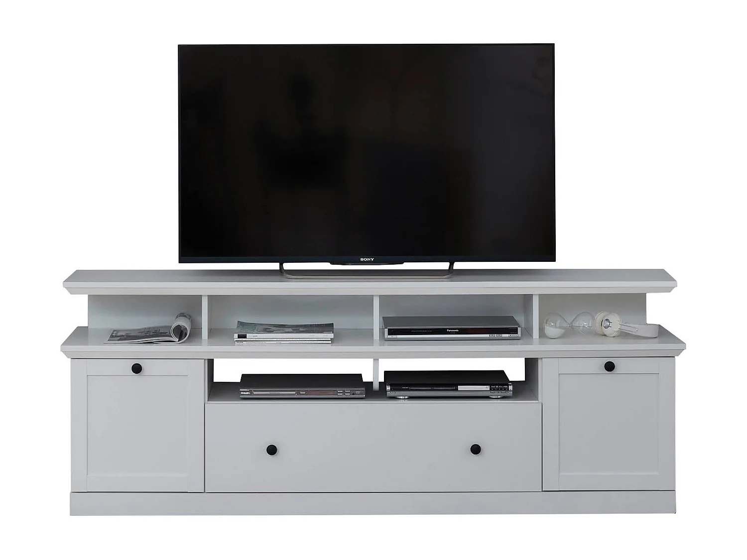 Meuble TV blanc 3 portes 5 niches style campagnard moderne Valex 177cm