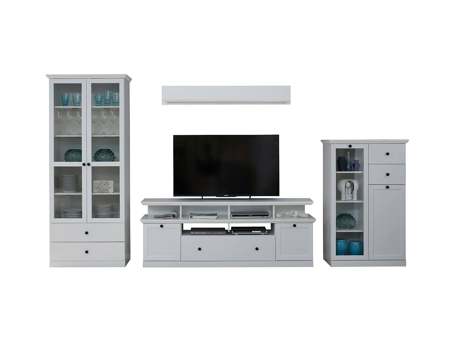 Meuble TV blanc 3 portes 5 niches style campagnard moderne Valex 177cm