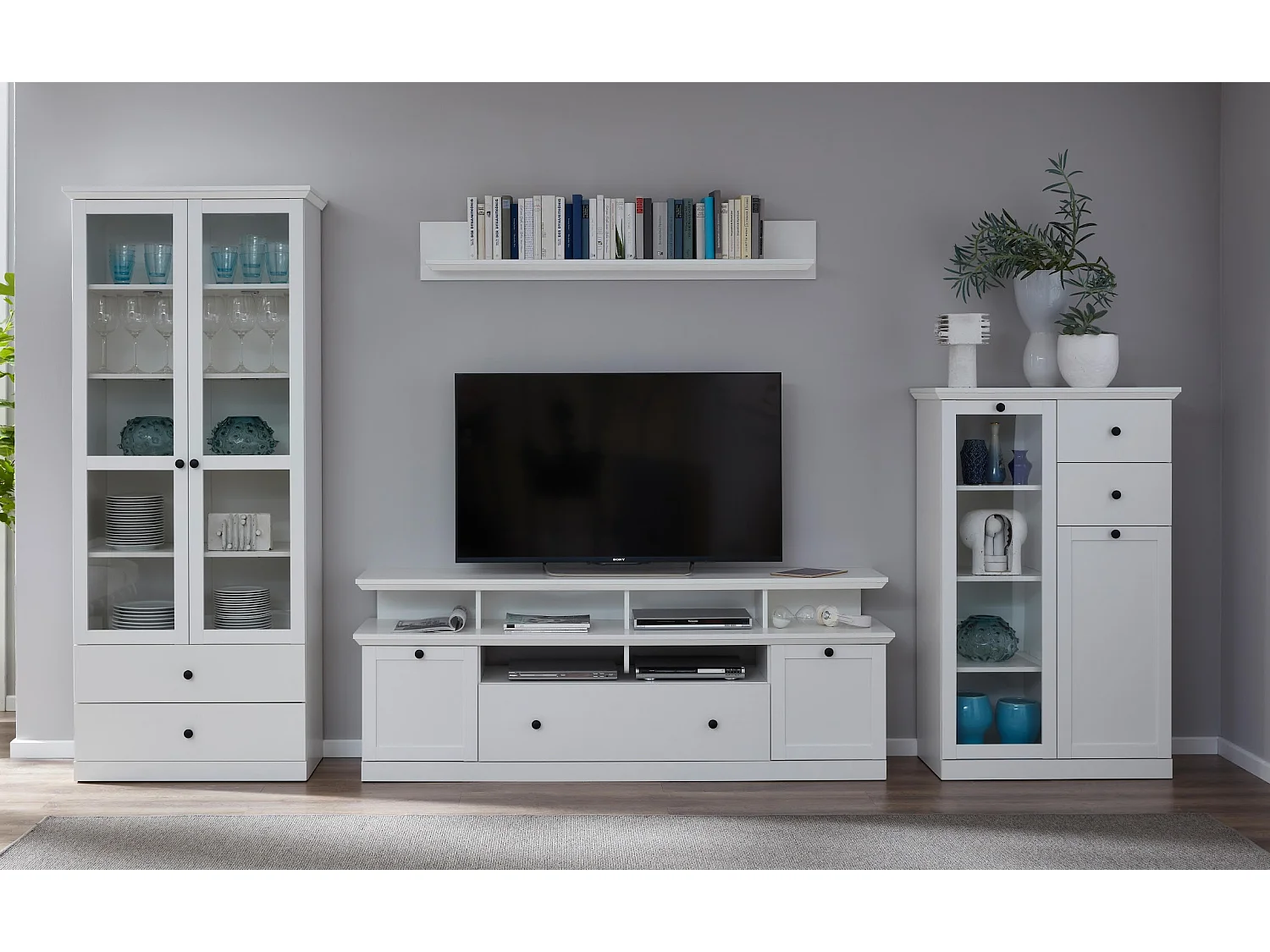 Meuble TV blanc 3 portes 5 niches style campagnard moderne Valex 177cm