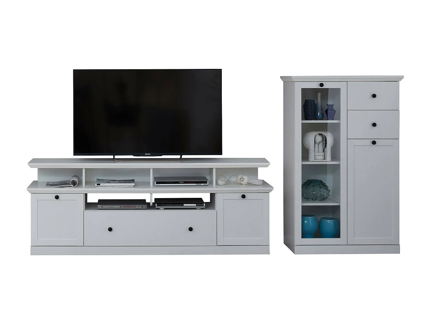 Meuble TV blanc 3 portes 5 niches style campagnard moderne Valex 177cm