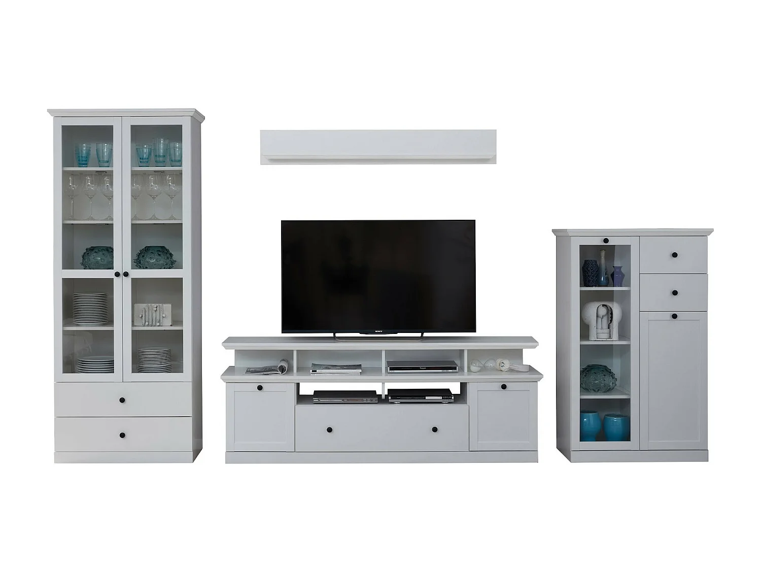 Meuble TV blanc 3 portes 5 niches style campagnard moderne Valex 177cm