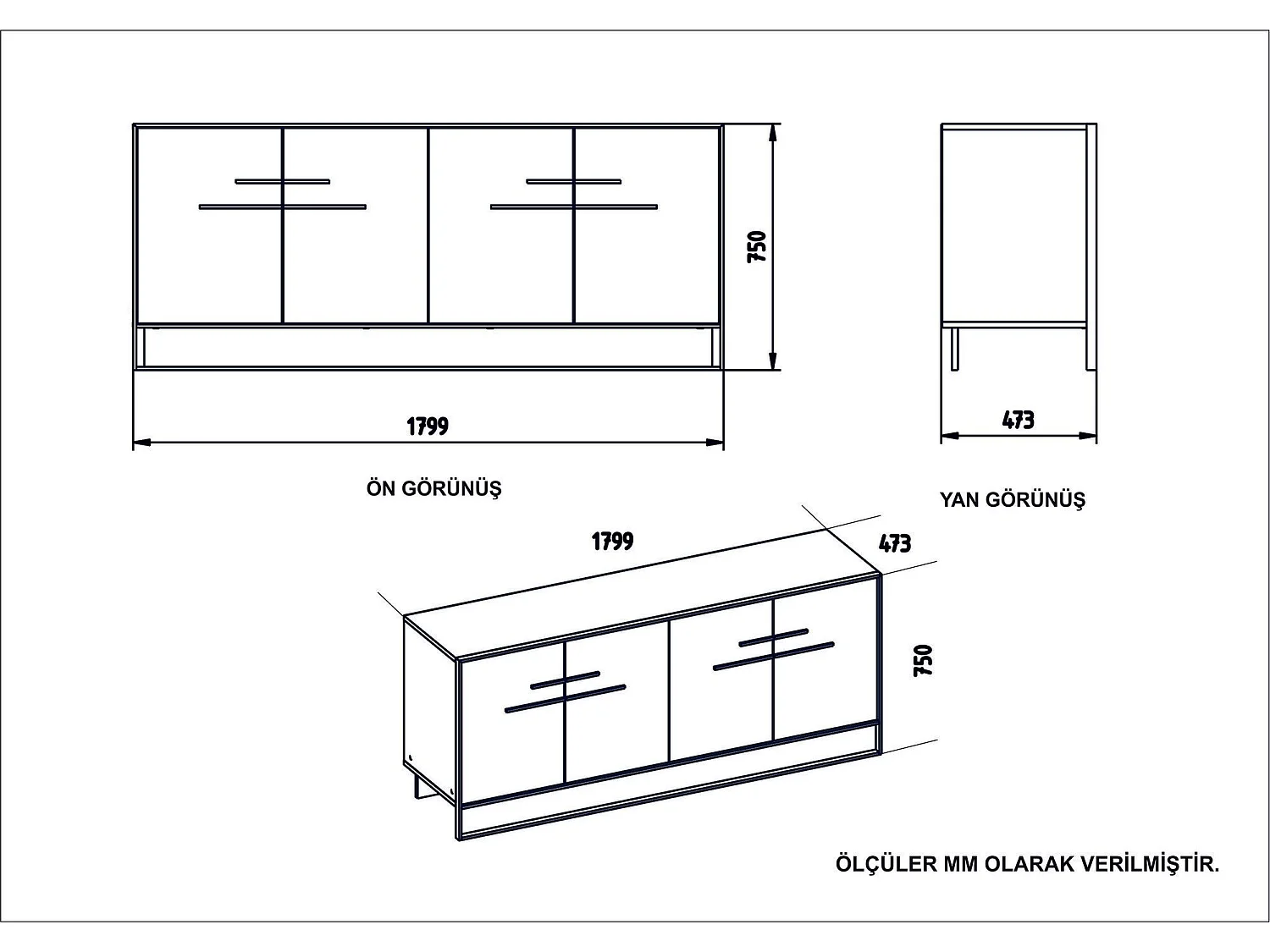Buffet 4 portes Anita 179,9x75cm Métal Or et Bois Noir effet marbre