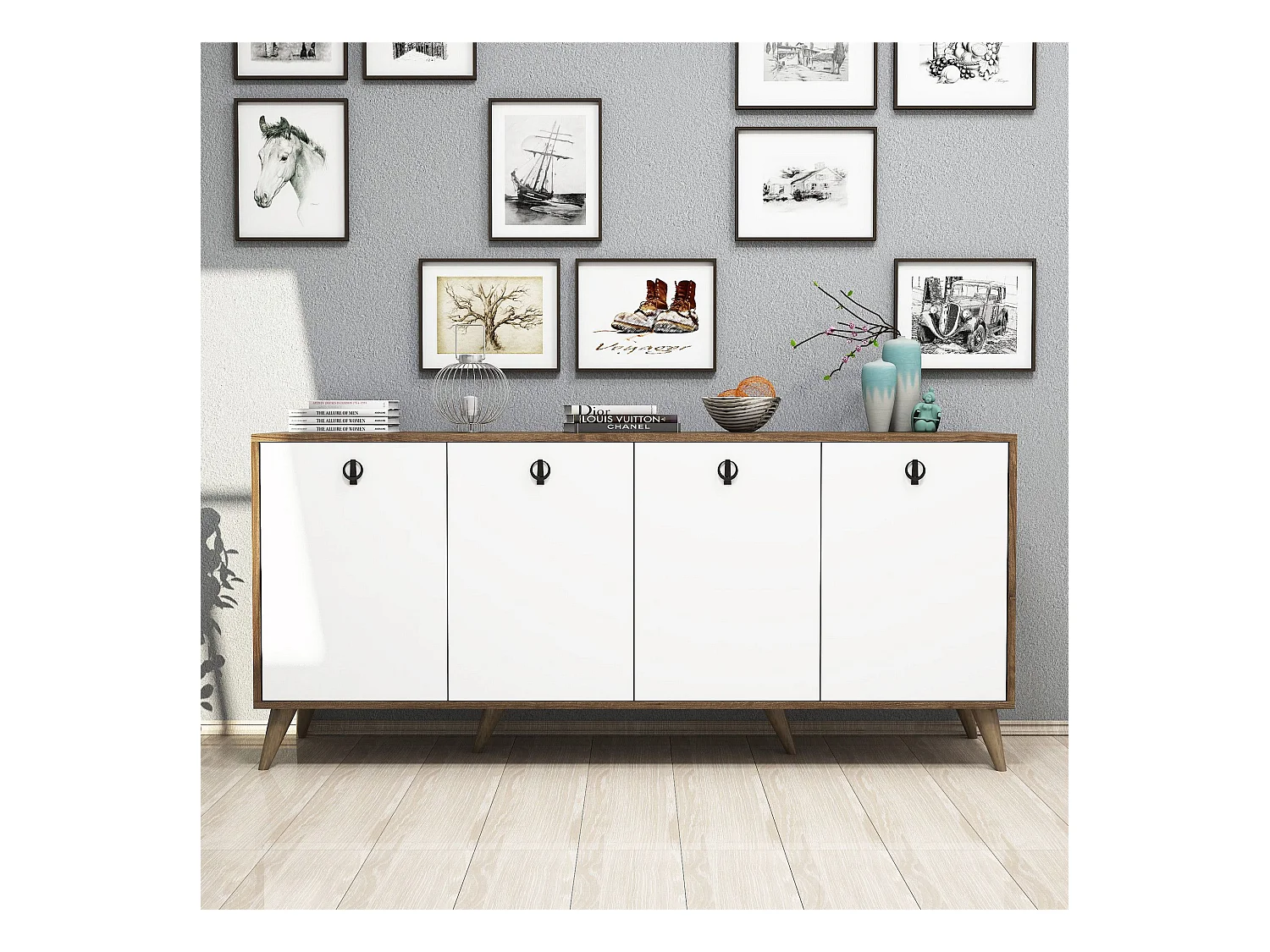 Buffet bas 4 tiroirs Bergat 180cm Bois et Blanc