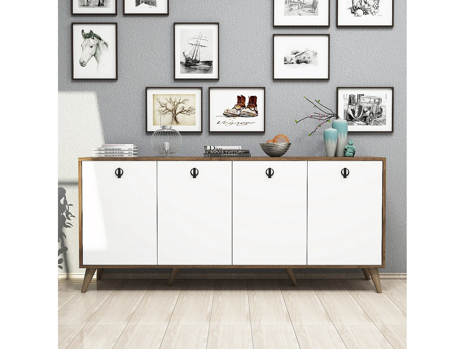 Buffet bas 4 tiroirs Bergat 180cm Bois et Blanc
