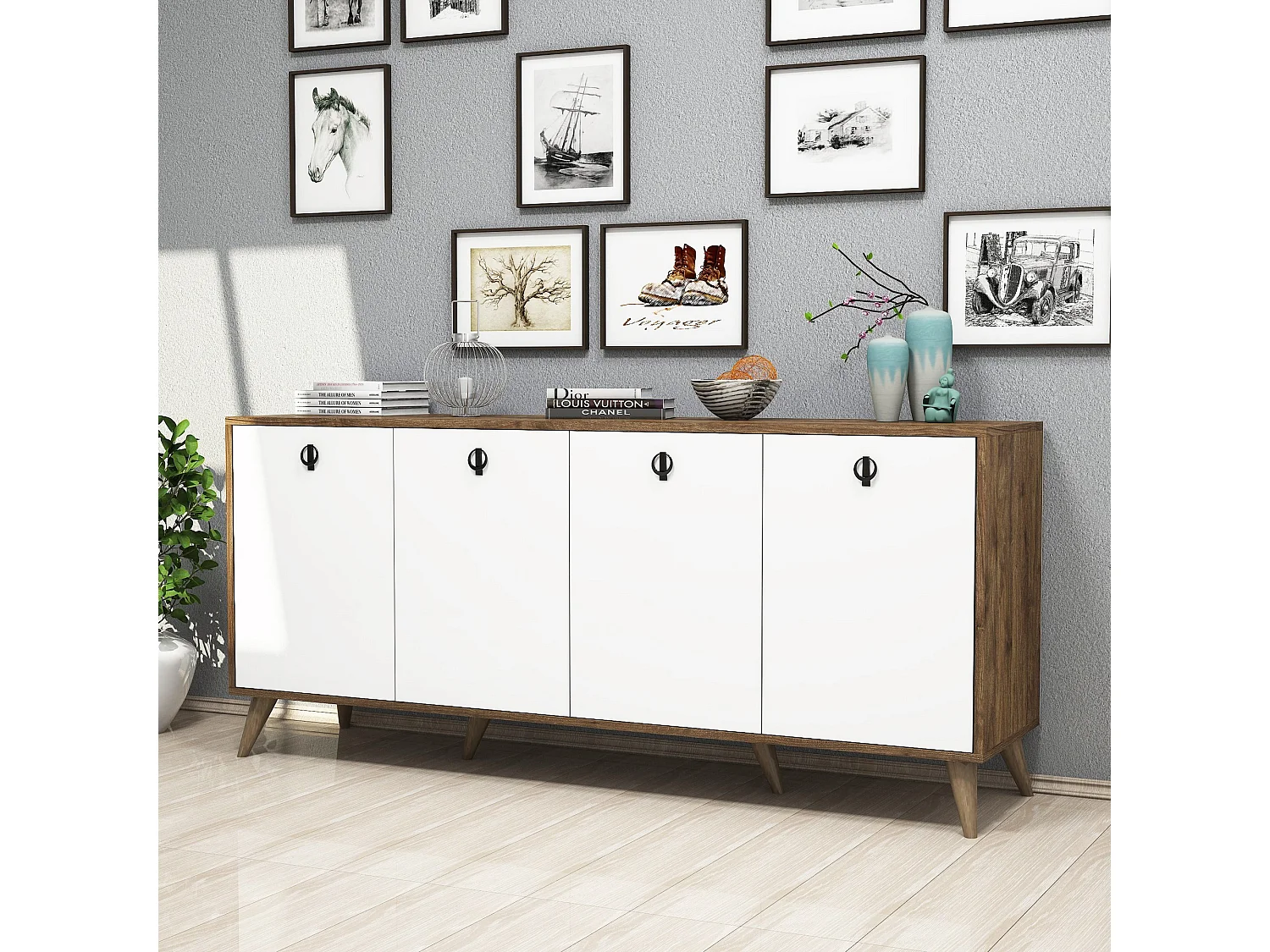 Buffet bas 4 tiroirs Bergat 180cm Bois et Blanc
