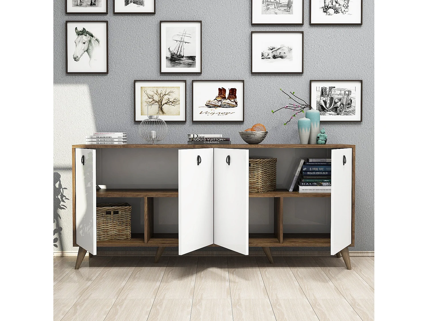 Buffet bas 4 tiroirs Bergat 180cm Bois et Blanc