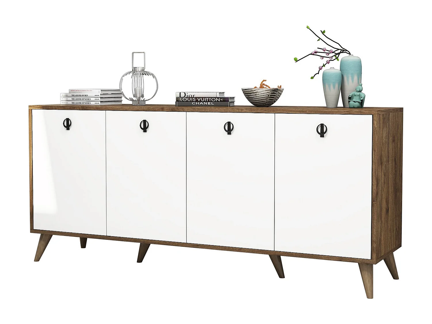 Buffet bas 4 tiroirs Bergat 180cm Bois et Blanc
