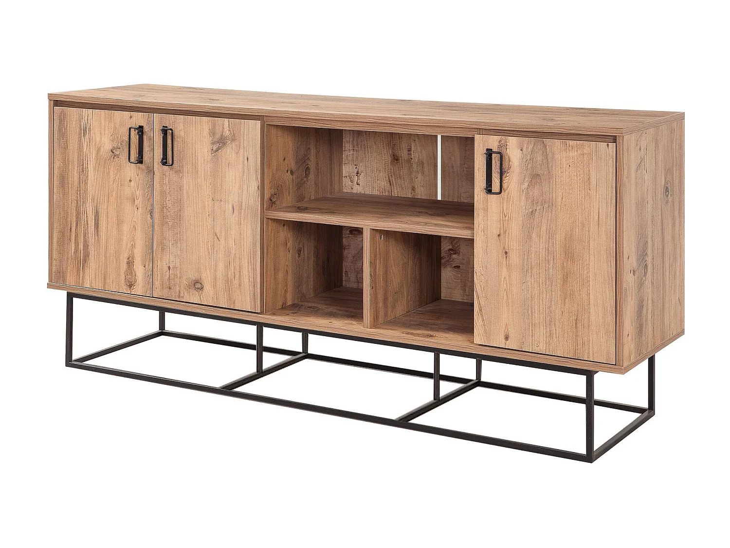 Buffet bas 3 portes et 3 étagères Feneta 180cm Métal Noir et Bois clair