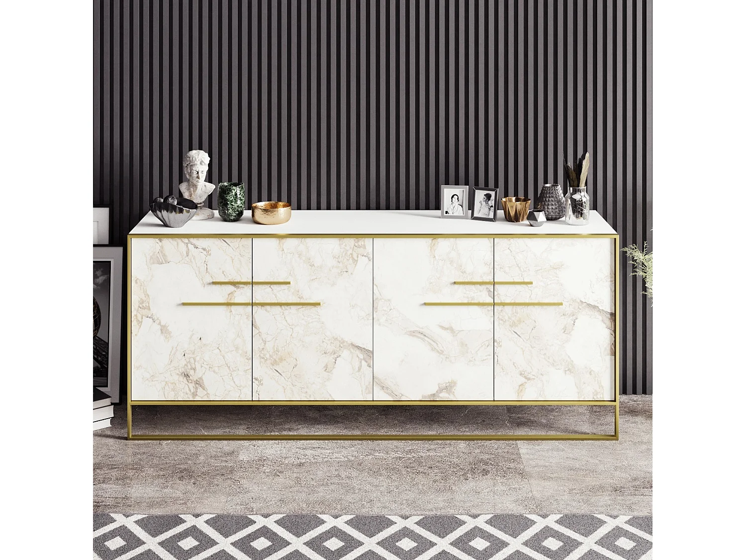 Buffet 4 portes Anita 179,9x75cm Métal Or et Bois Blanc effet marbre