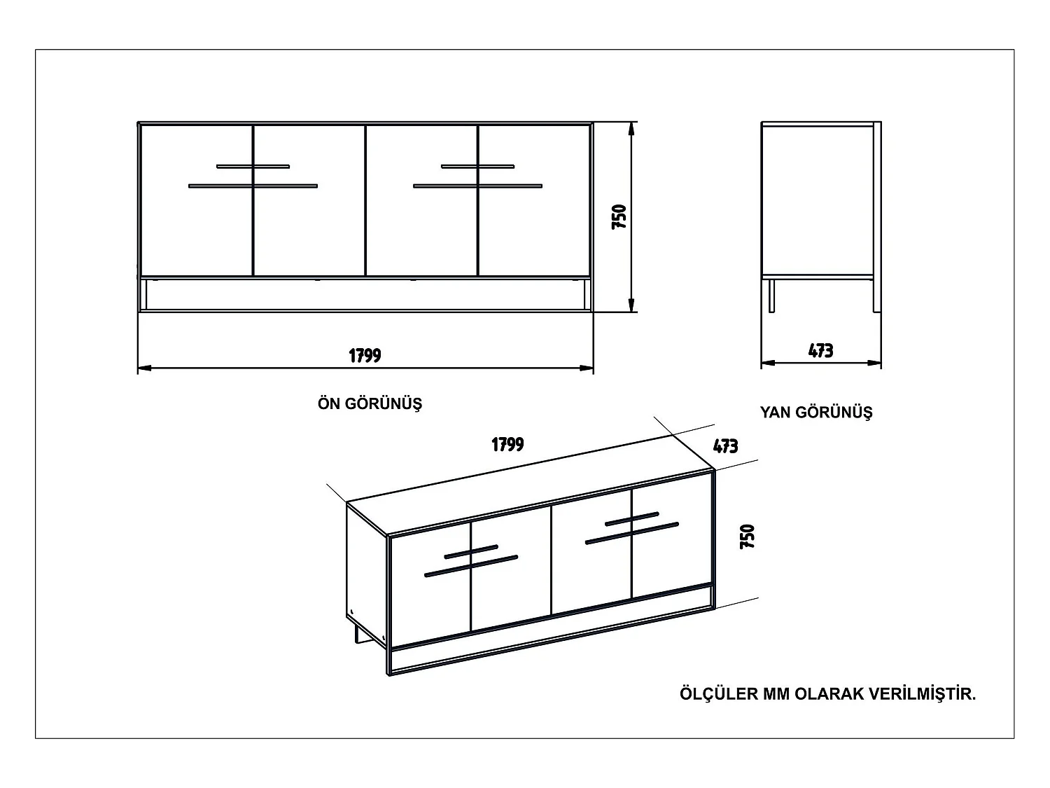 Buffet 4 portes Anita 179,9x75cm Métal Or et Bois Blanc effet marbre