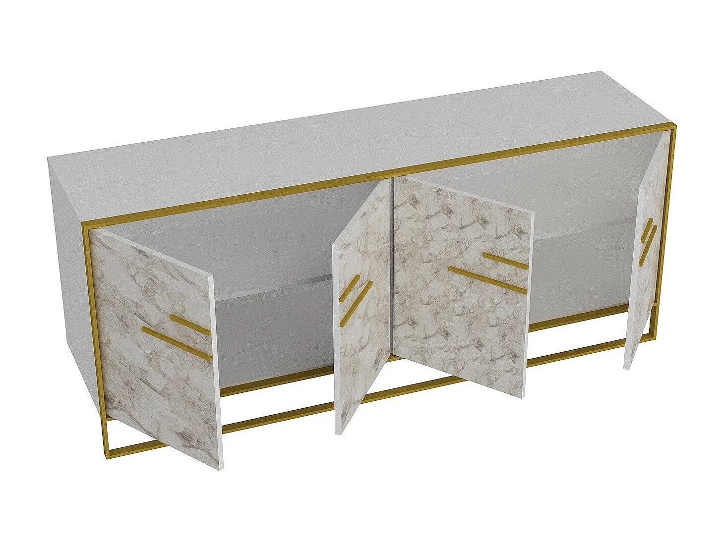 Buffet 4 portes Anita 179,9x75cm Métal Or et Bois Blanc effet marbre