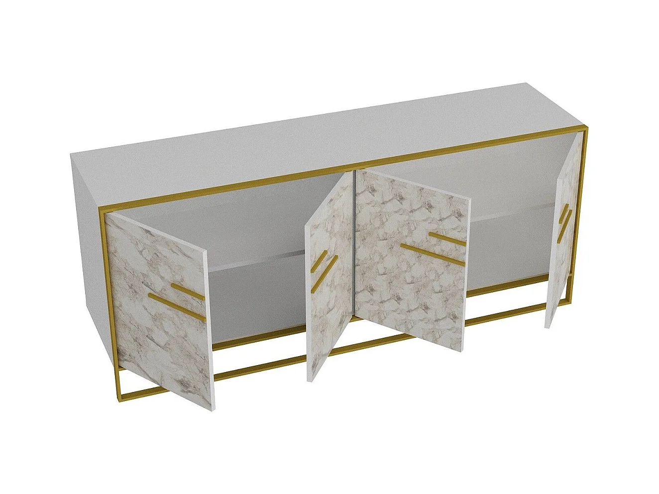 Buffet 4 portes Anita 179,9x75cm Métal Or et Bois Blanc effet marbre