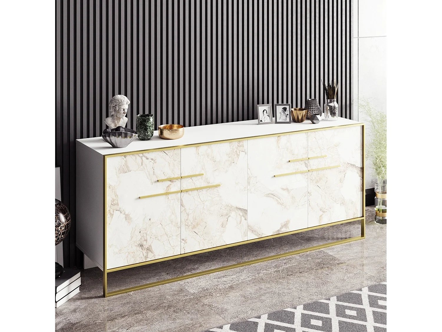 Aparador Moderno com Padrão de Mármore Dourado e Branco, 179,9 cm | Painel de Partículas 100% Revestido com Melamina, 18 mm de Espessura | Montável na