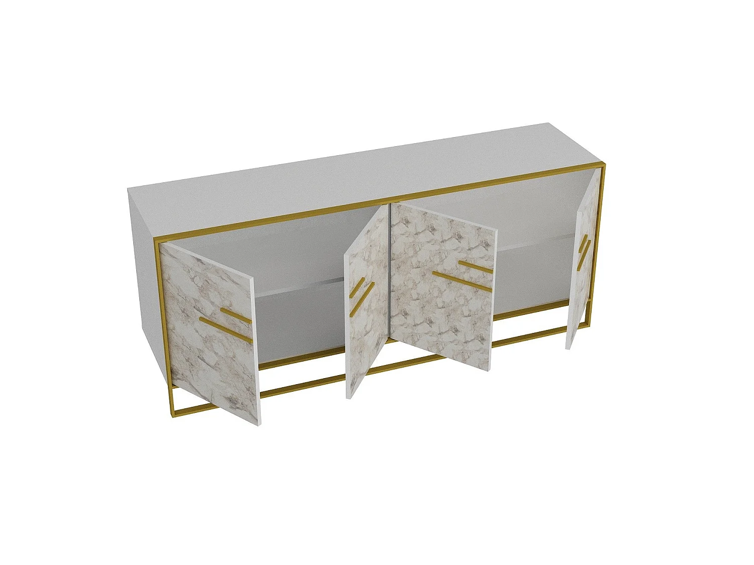 Buffet 4 portes Anita 179,9x75cm Métal Or et Bois Blanc effet marbre