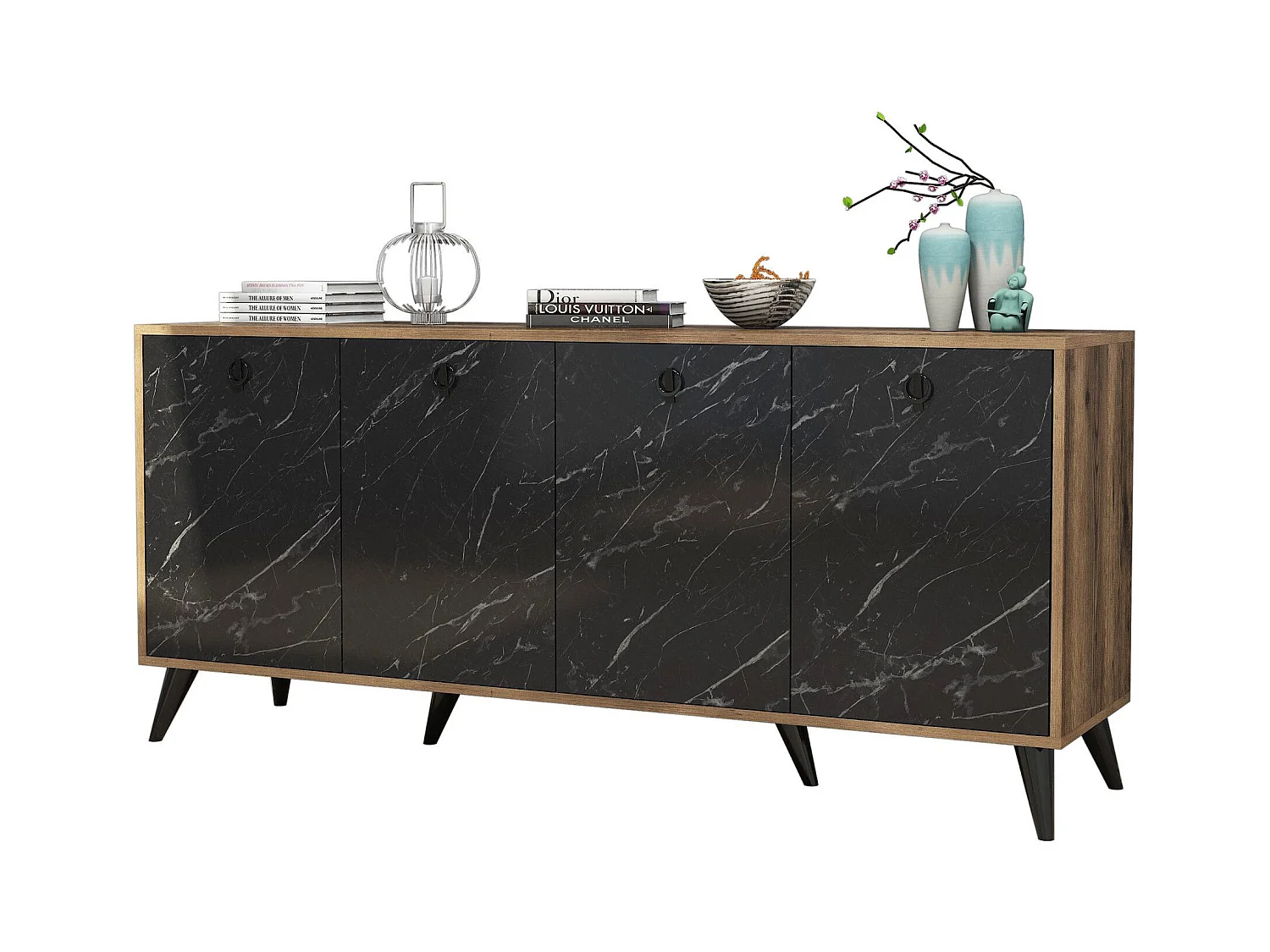 Buffet 4 portes Ancon 180x80cm Bois Naturel et Noir effet marbre