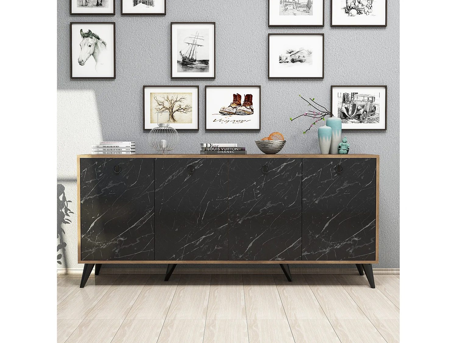 Buffet 4 portes Ancon 180x80cm Bois Naturel et Noir effet marbre