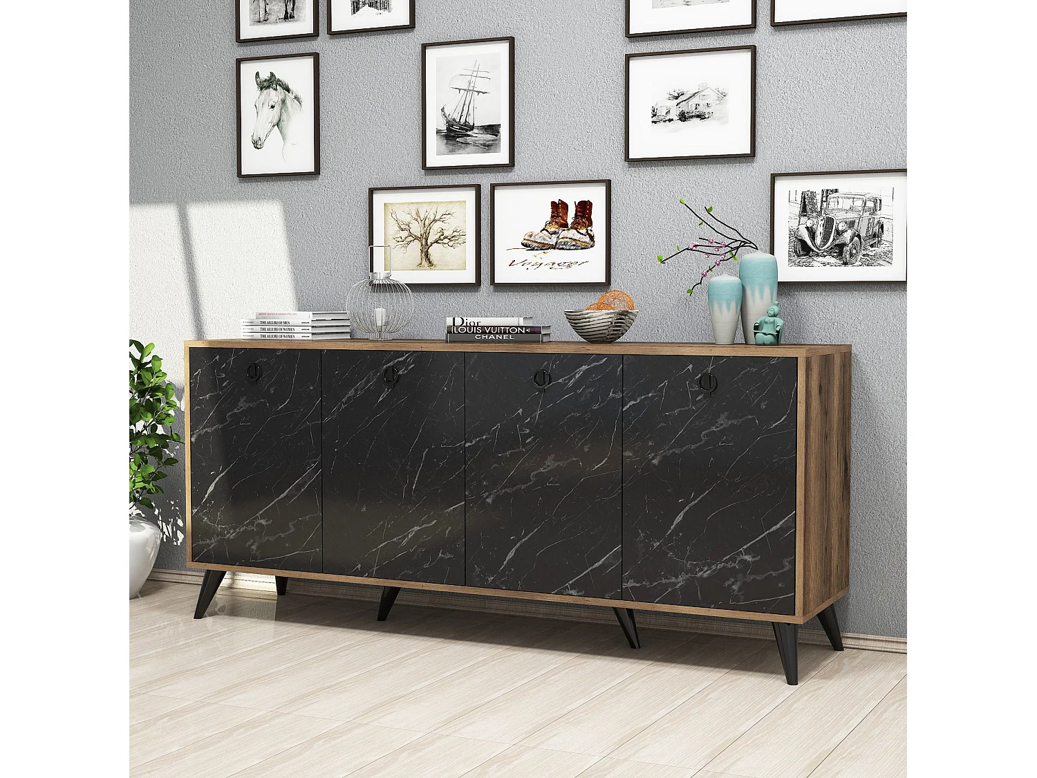 Buffet 4 portes Ancon 180x80cm Bois Naturel et Noir effet marbre
