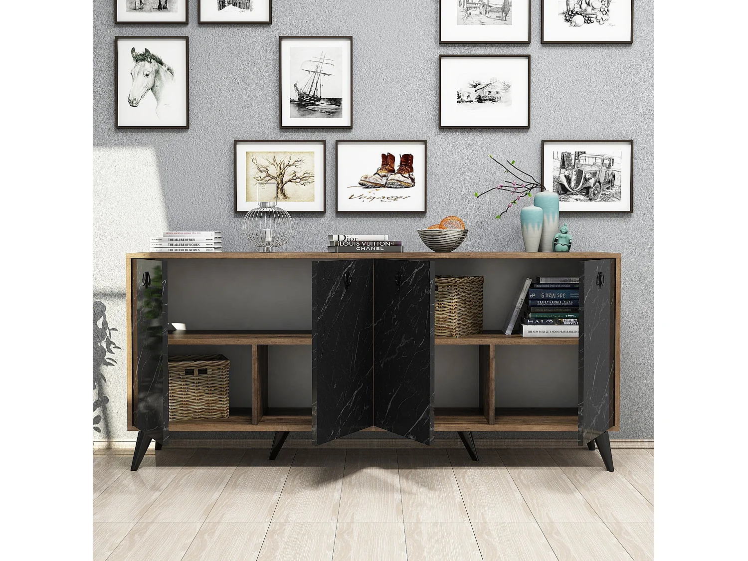 Buffet 4 portes Ancon 180x80cm Bois Naturel et Noir effet marbre