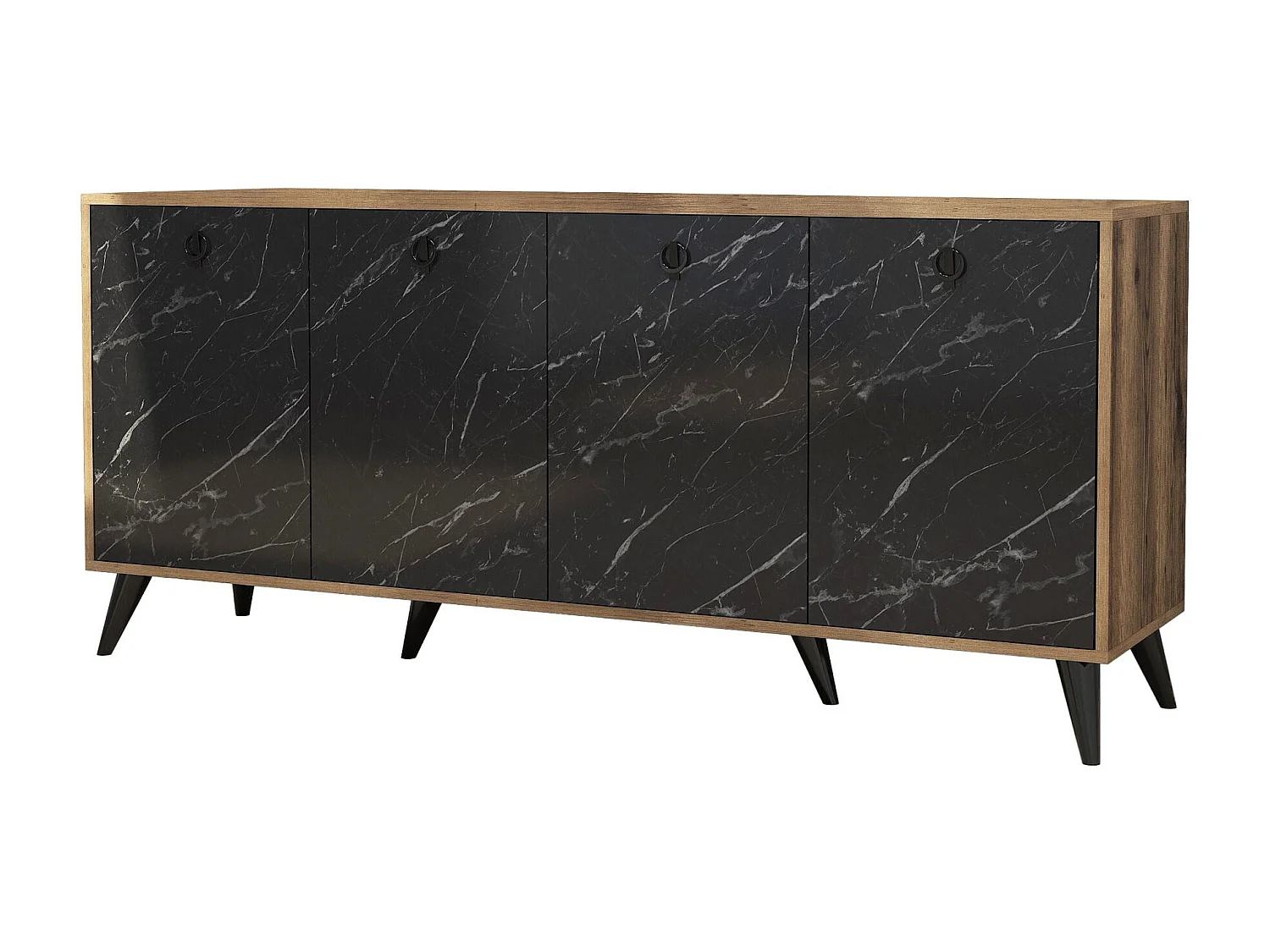 Buffet 4 portes Ancon 180x80cm Bois Naturel et Noir effet marbre