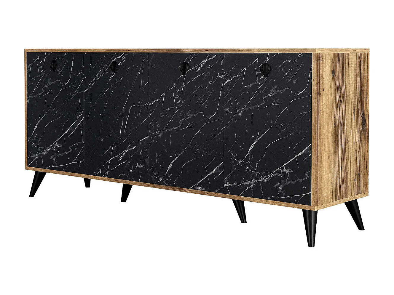 Buffet 4 portes Ancon 180x80cm Bois Naturel et Noir effet marbre