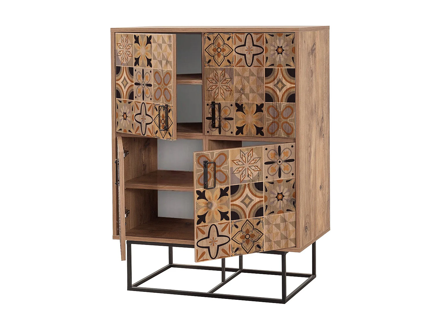 Buffet haut style industriel 4 portes Feneta Bois clair Motif Andalouse