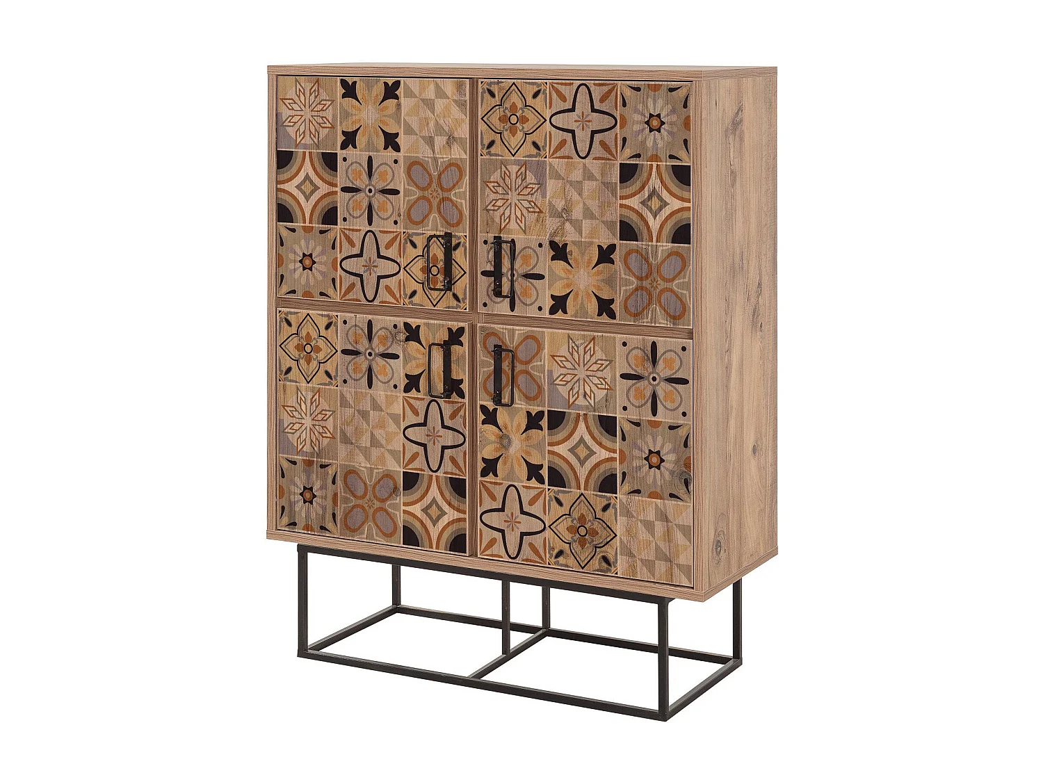 Buffet haut style industriel 4 portes Feneta Bois clair Motif Andalouse