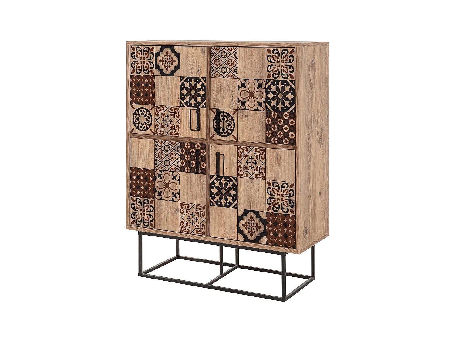 Buffet haut style industriel 4 portes Feneta Bois clair Motif Arabesque Marron et Noir