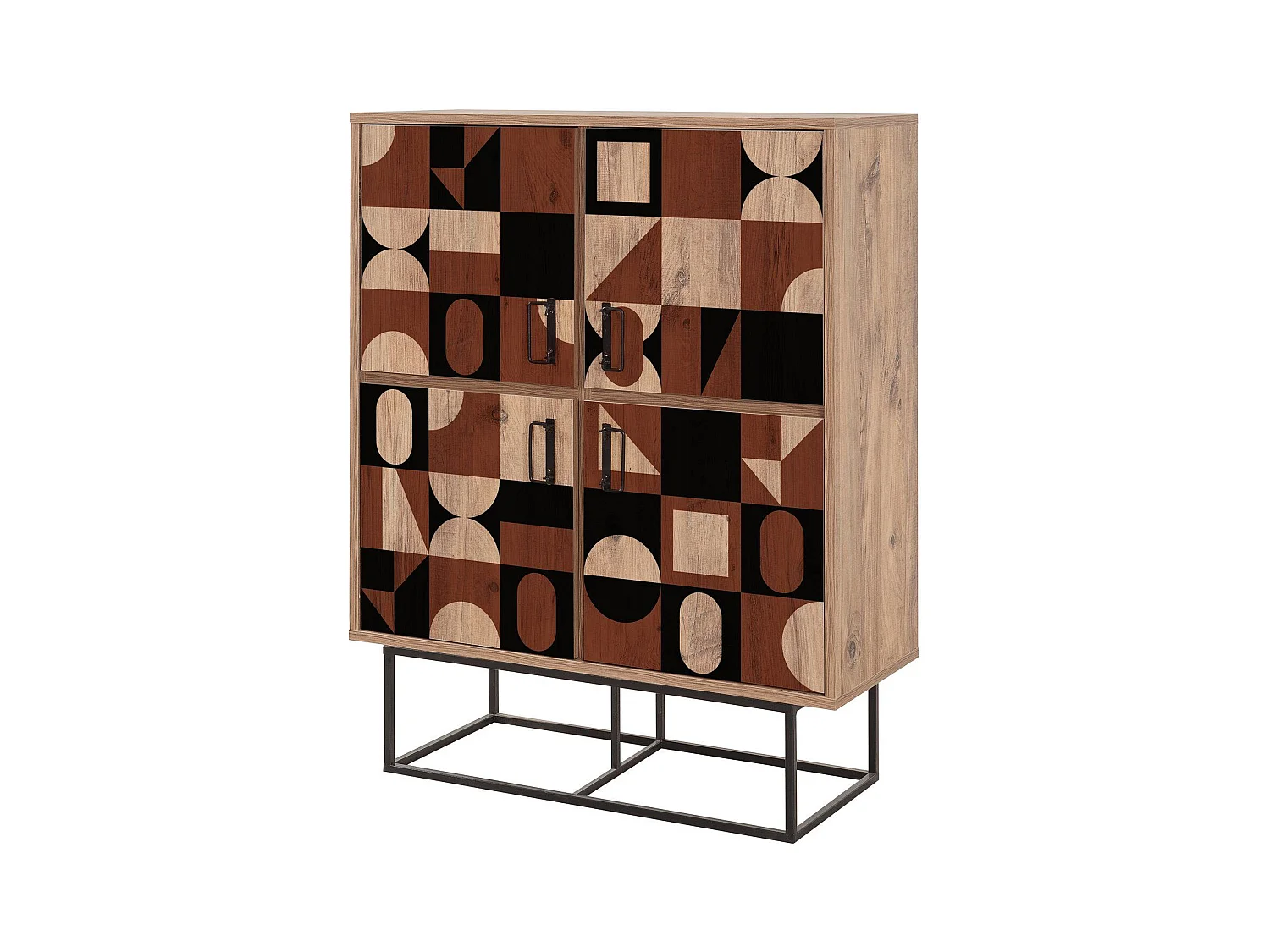 Buffet haut style industriel 4 portes Feneta Bois clair Motif Géométrique Marron foncé et Noir