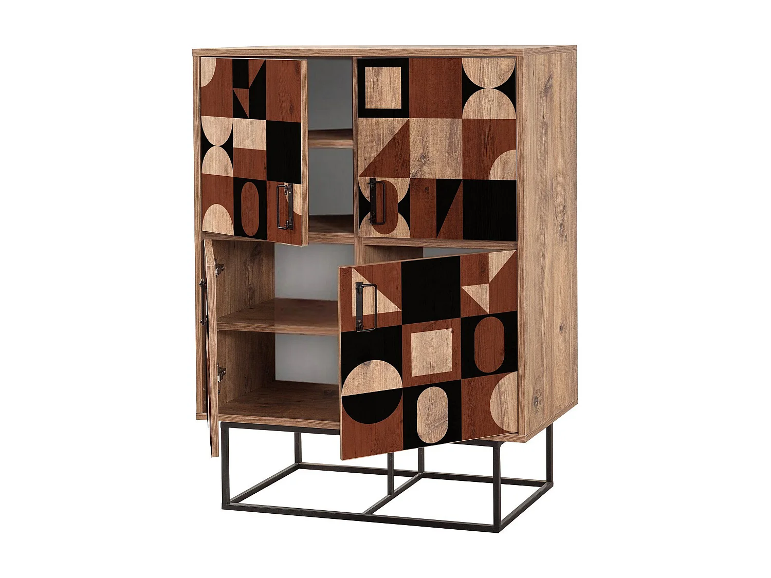 Buffet haut style industriel 4 portes Feneta Bois clair Motif Géométrique Marron foncé et Noir