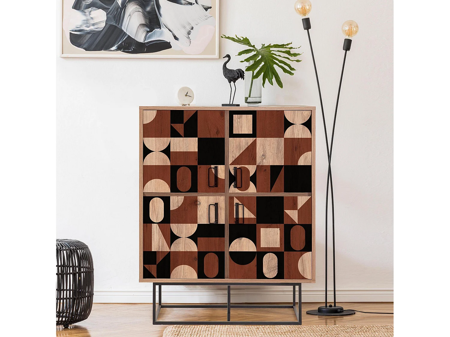 Buffet haut style industriel 4 portes Feneta Bois clair Motif Géométrique Marron foncé et Noir