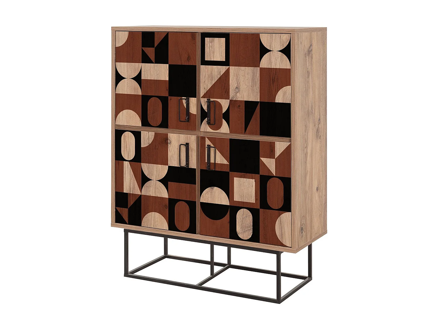 Buffet haut style industriel 4 portes Feneta Bois clair Motif Géométrique Marron foncé et Noir