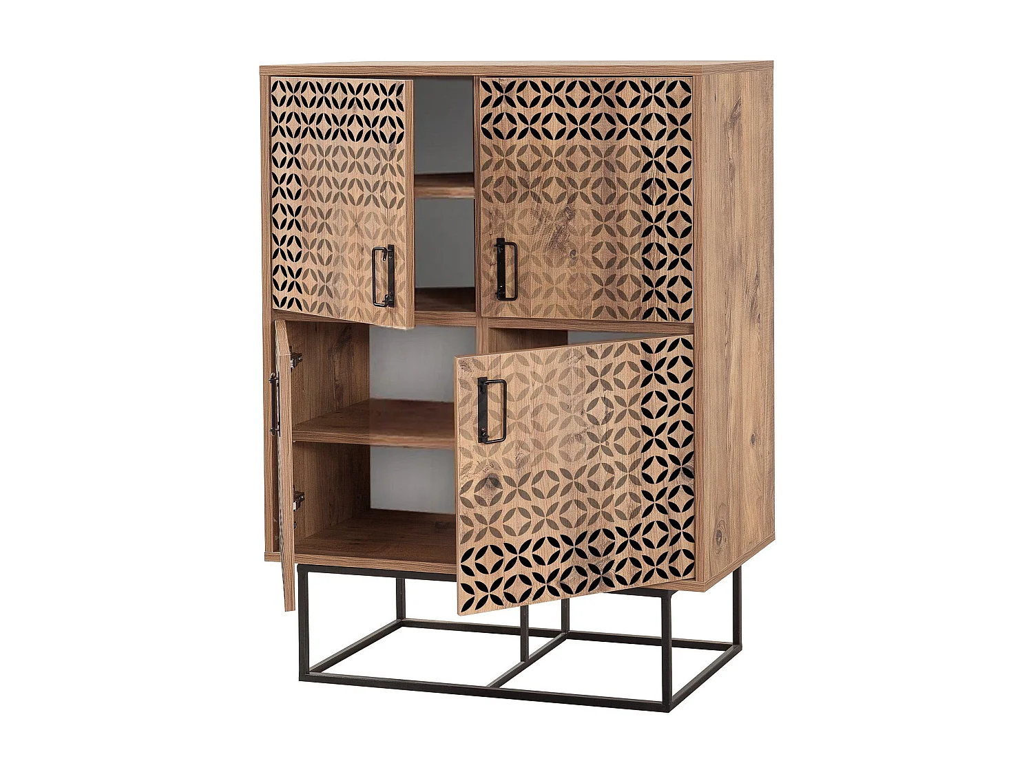 Buffet haut style industriel 4 portes Feneta Bois clair Motif Andalouse Noir