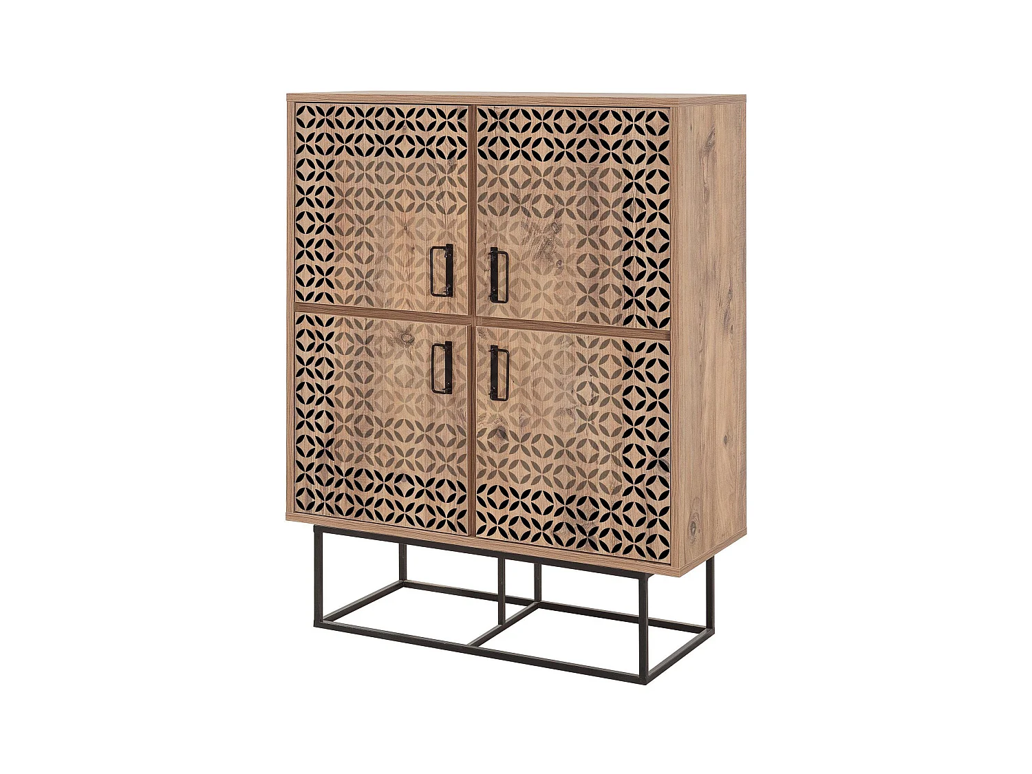 Buffet haut style industriel 4 portes Feneta Bois clair Motif Andalouse Noir