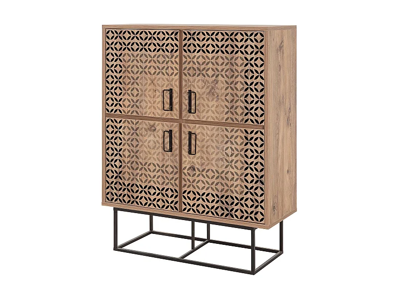 Buffet haut style industriel 4 portes Feneta Bois clair Motif Andalouse Noir