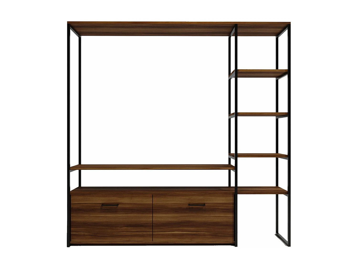 Meuble Tv avec étagère intégré style industriel Hacks L180xH180cm Bois foncé et Métal Noir