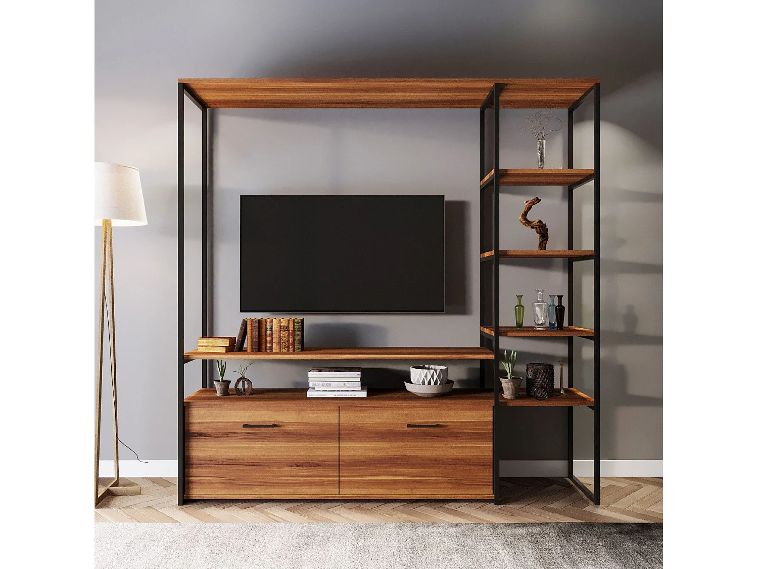 Meuble Tv avec étagère intégré style industriel Hacks L180xH180cm Bois foncé et Métal Noir