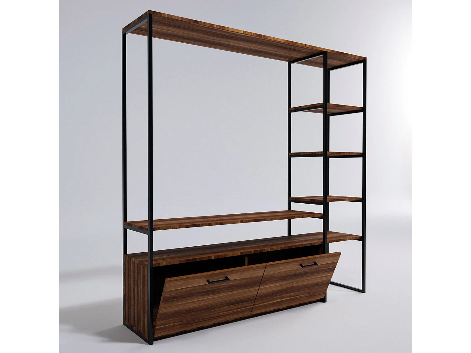 Meuble Tv avec étagère intégré style industriel Hacks L180xH180cm Bois foncé et Métal Noir