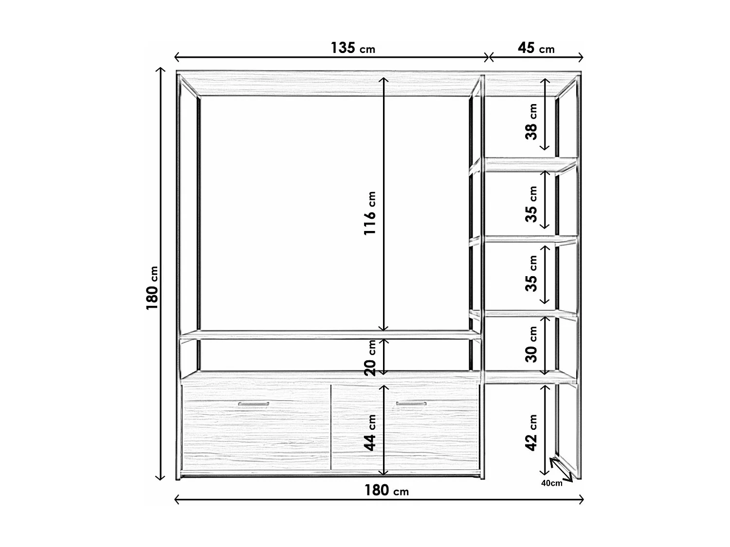 Meuble Tv avec étagère intégré style industriel Hacks L180xH180cm Bois foncé et Métal Noir